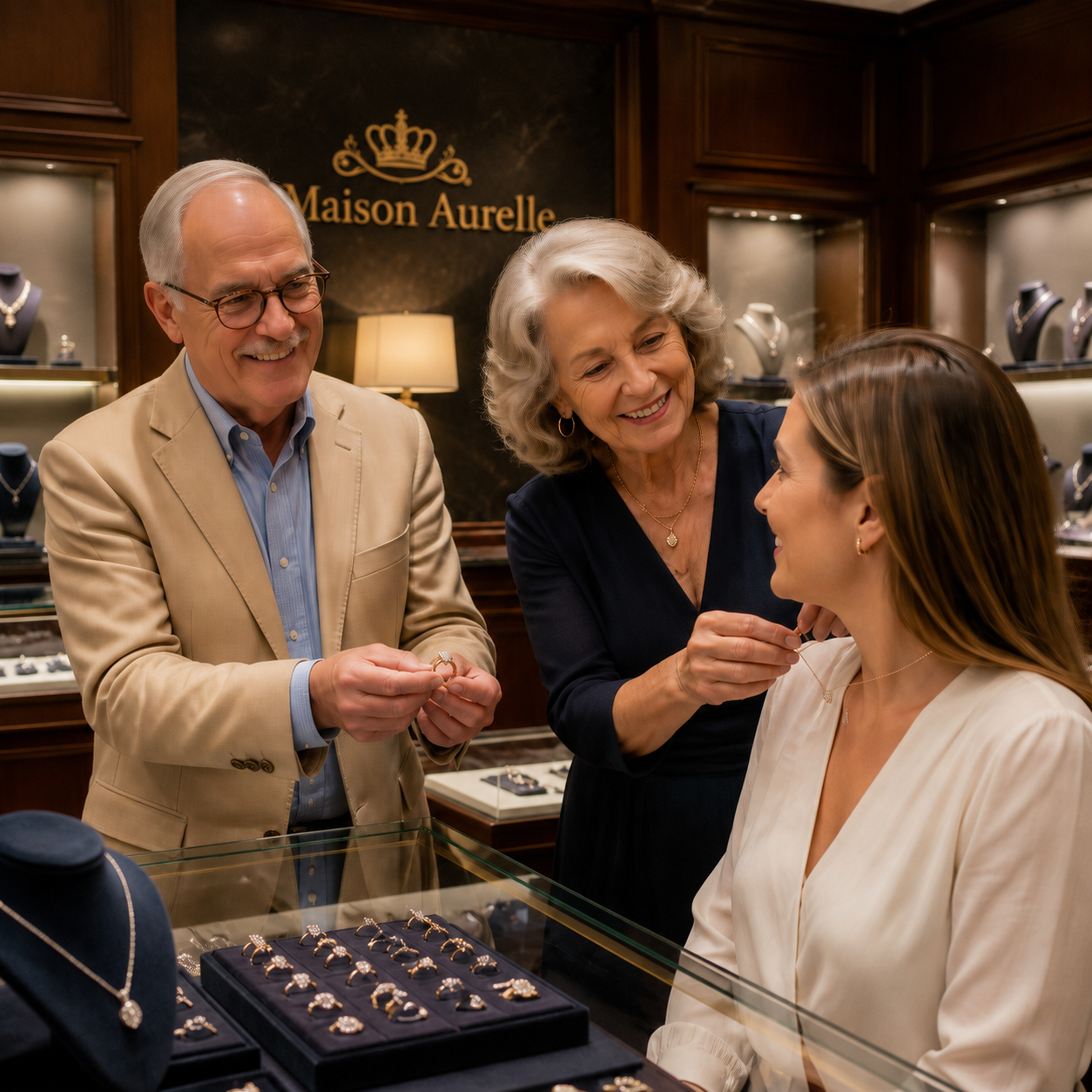 Elena and Thomas helping a customer at Maison Aurelle