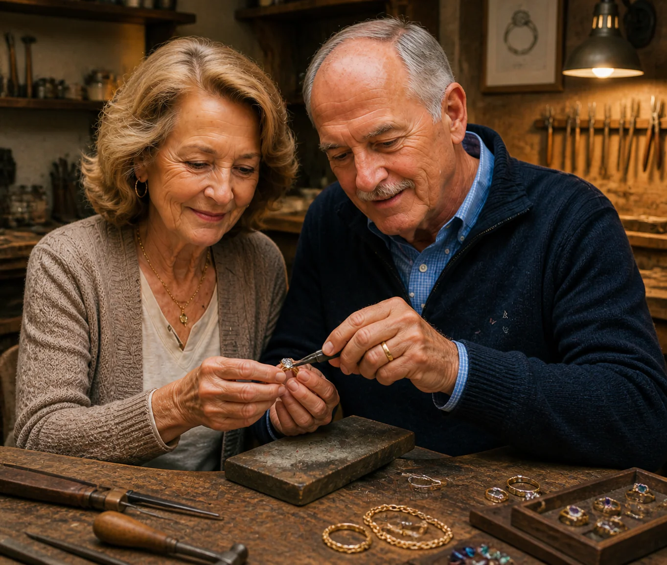 Elena & Thomas crafting jewelry by hand